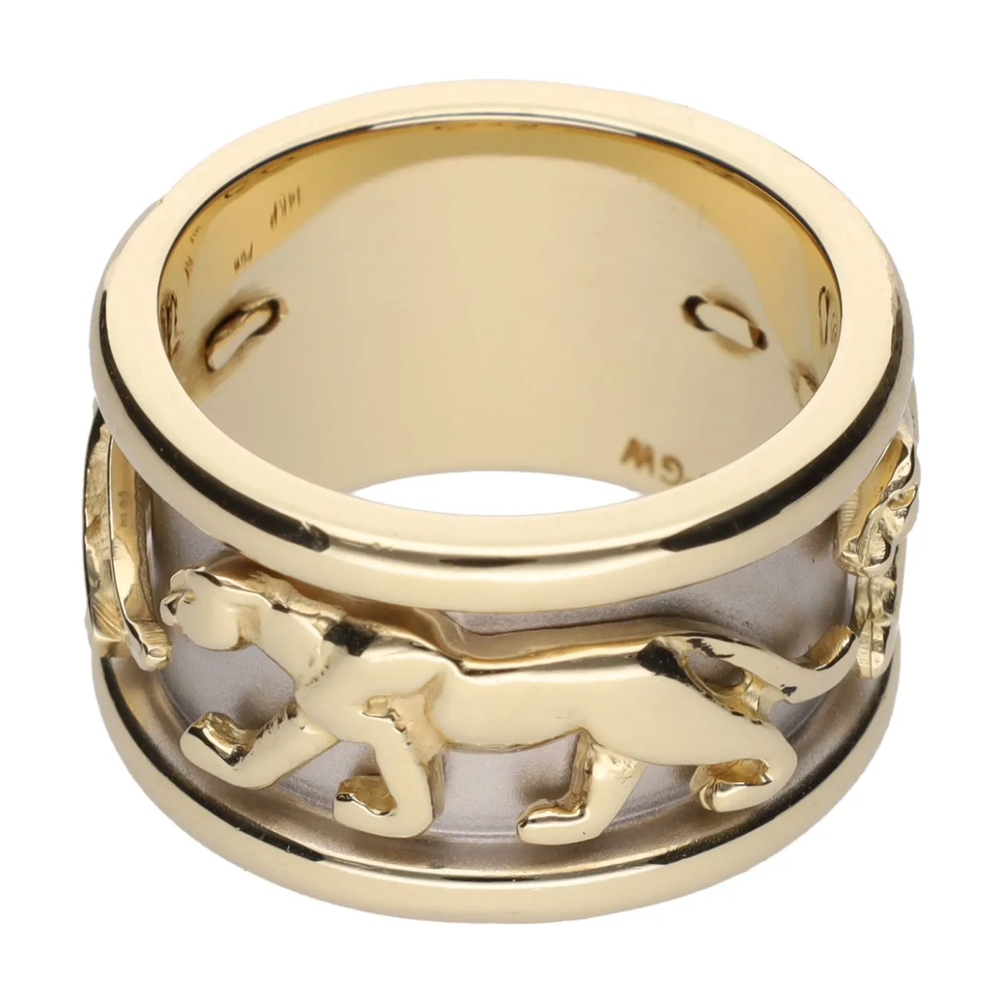 ANILLOS / SORTIJAS Sortija ancha en oro amarillo y oro blanco con motivos pantera.14K. Talla 18.