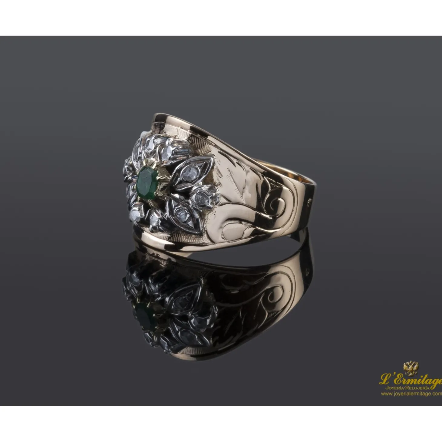 ANILLOS / SORTIJAS Sortija antigua oro amarillo esmeralda y diamantes talla antigua. Talla nº22