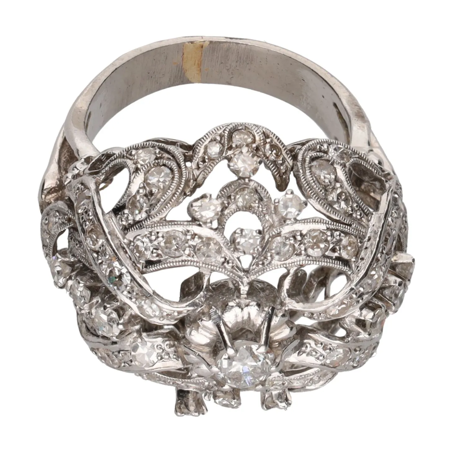 ANILLOS / SORTIJAS Sortija antigua en oro blanco y brillantes. Talla 10.