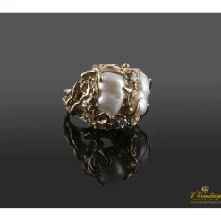 ANILLOS / SORTIJAS Sortija antigua oro amarillo perlas de río y diamantes. T alla nº 8.