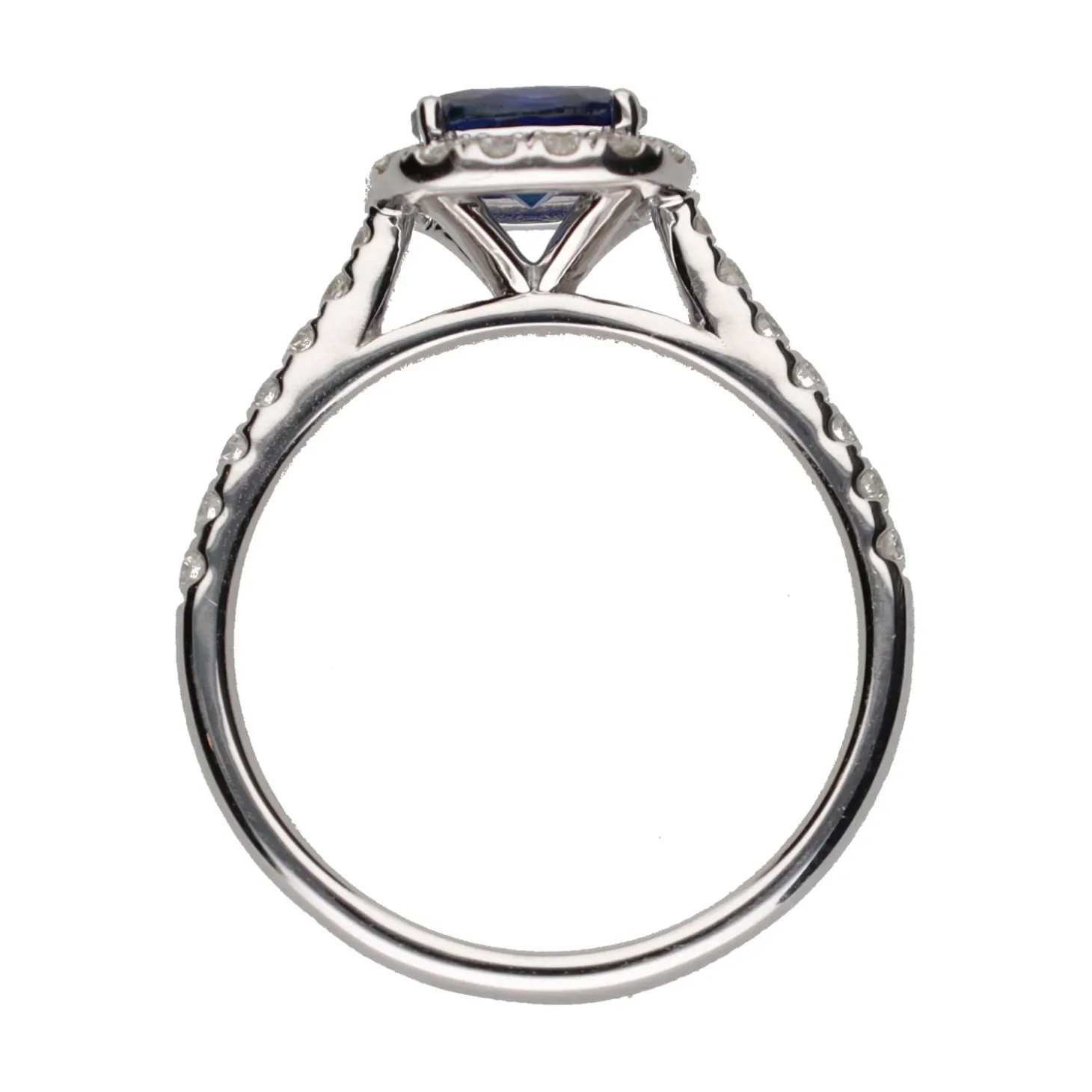 ANILLOS / SORTIJAS Sortija en oro blanco con zafiro central y brillantes en orla y brazos. Talla 14.