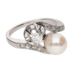 ANILLOS / SORTIJAS Sortija tu y yo en oro blanco con perla y diamantes. Talla 11.
