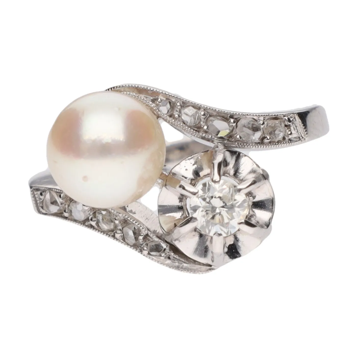 ANILLOS / SORTIJAS Sortija tu y yo en oro blanco con perla y diamantes. Talla 11.