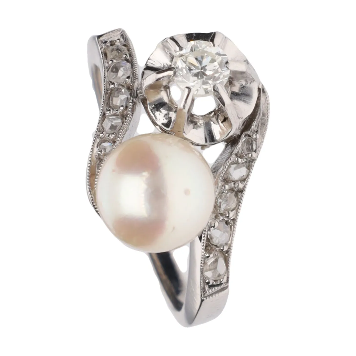ANILLOS / SORTIJAS Sortija tu y yo en oro blanco con perla y diamantes. Talla 11.