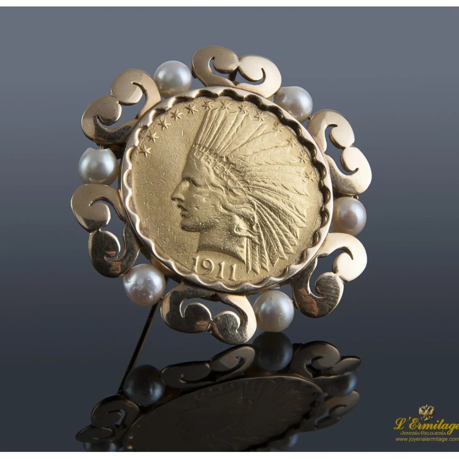 BROCHES / ALFILERES Alfiler oro amarillo perlas con moneda