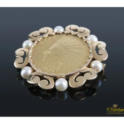 BROCHES / ALFILERES Alfiler oro amarillo perlas con moneda