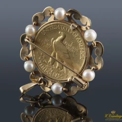 BROCHES / ALFILERES Alfiler oro amarillo perlas con moneda
