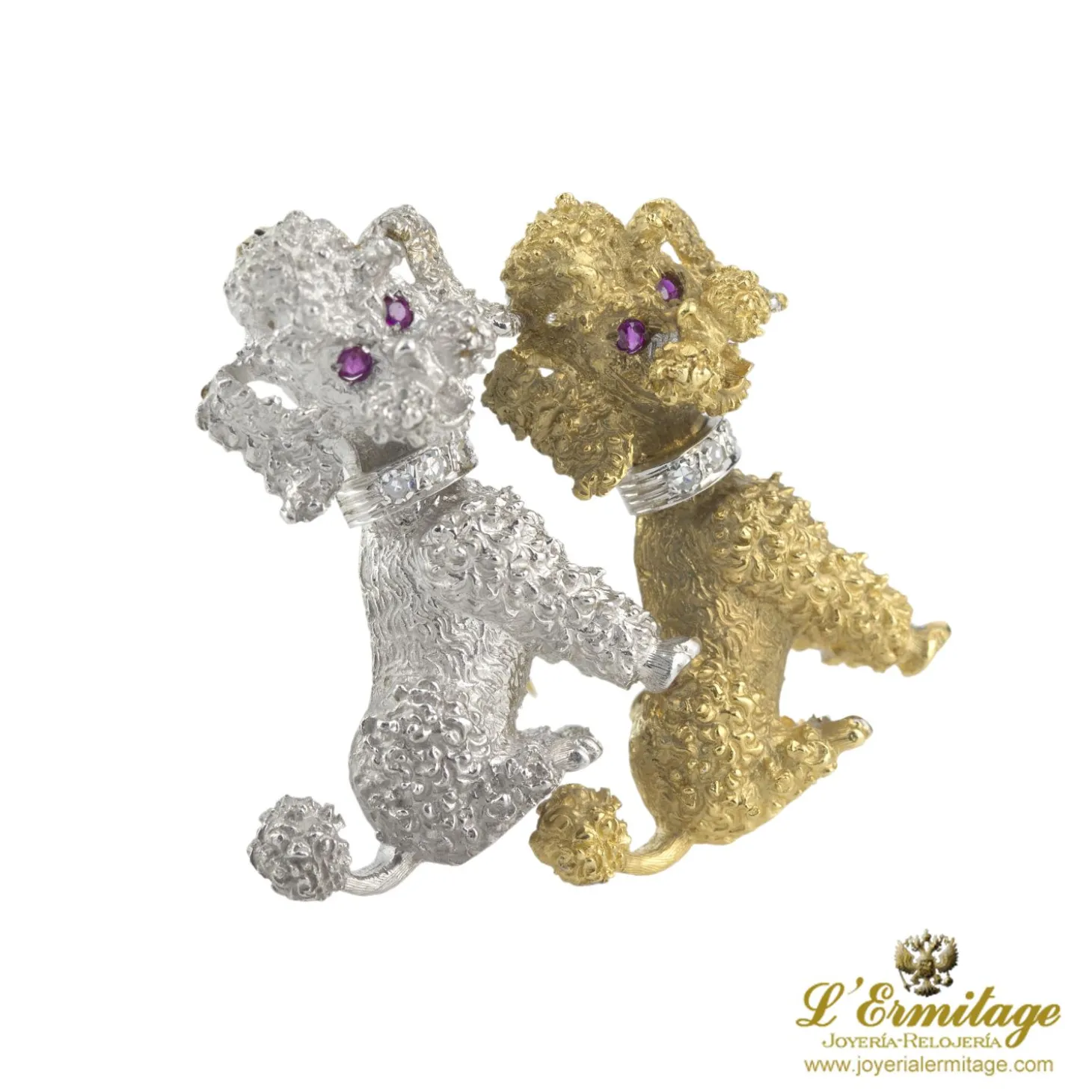 BROCHES / ALFILERES Broche-alfiler caniches oro amarillo oro blanco diamantes y rubíes