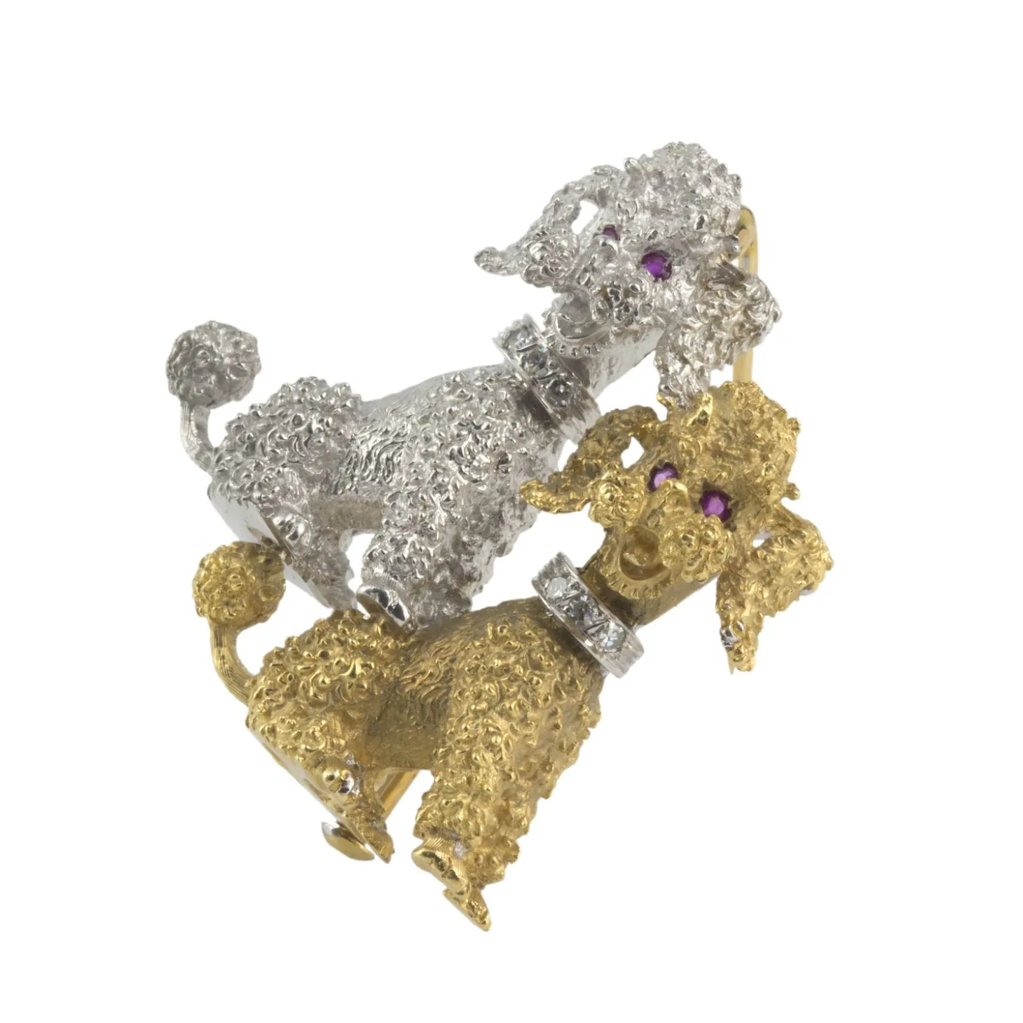 BROCHES / ALFILERES Broche-alfiler caniches oro amarillo oro blanco diamantes y rubíes