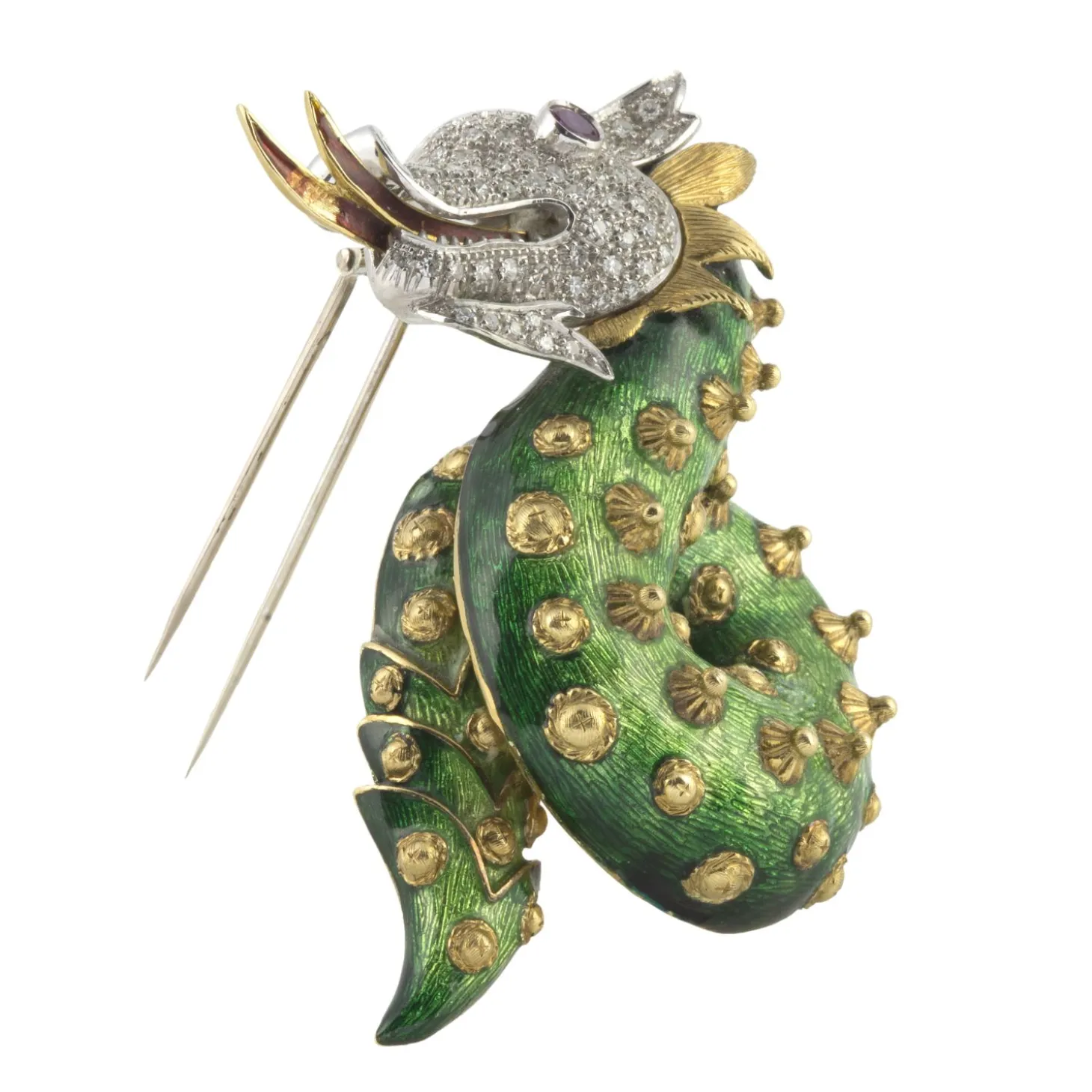 BROCHES / ALFILERES Broche-alfiler dragón oro amarillo esmalte pavé de diamantes y rubí