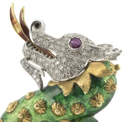 BROCHES / ALFILERES Broche-alfiler dragón oro amarillo esmalte pavé de diamantes y rubí