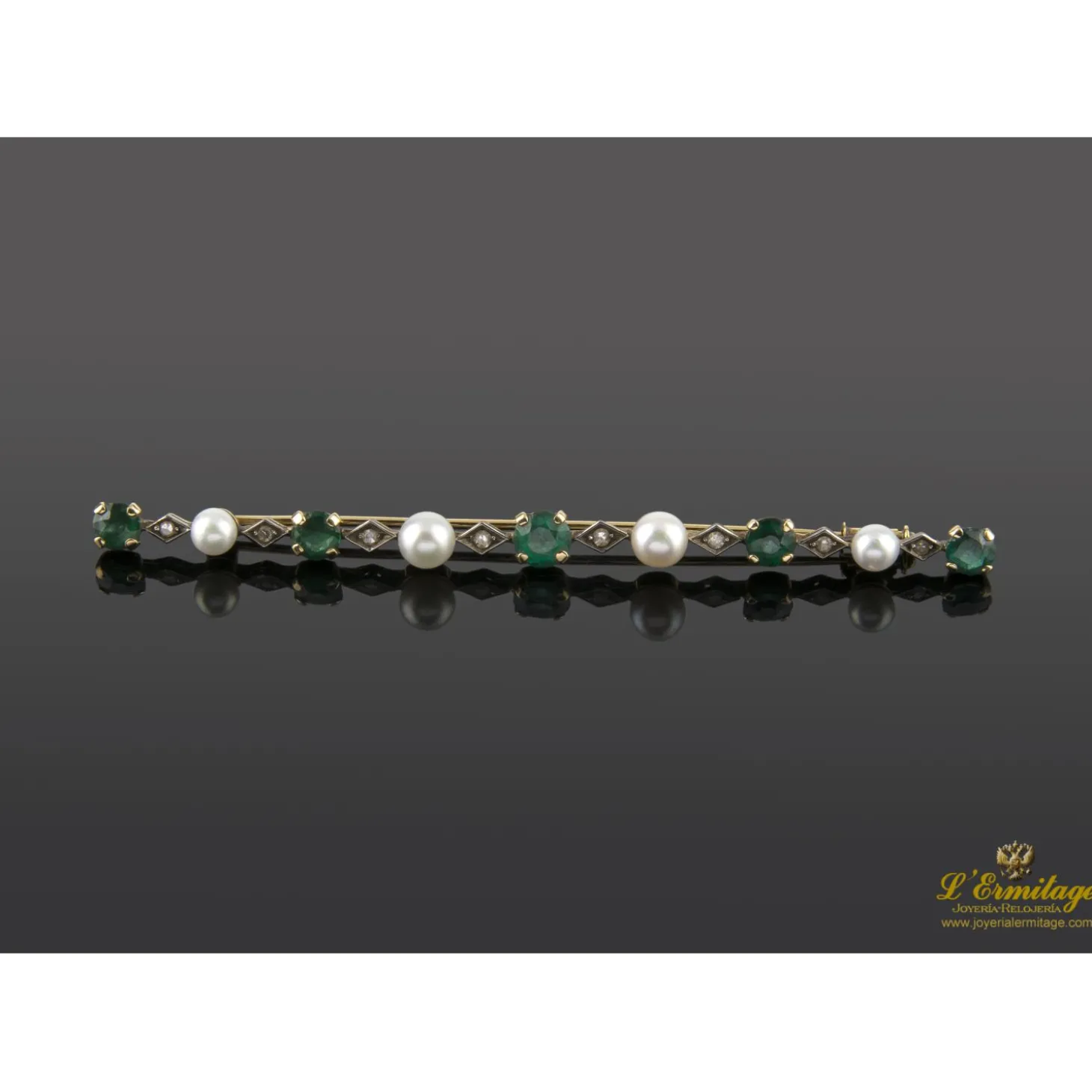 BROCHES / ALFILERES Broche-alfiler oro amarillo esmeraldas perlas y diamantes talla antigua