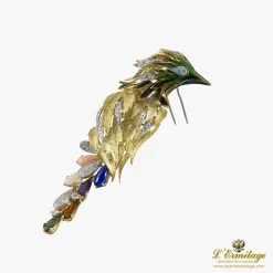 BROCHES / ALFILERES Broche-alfiler ave tropical oro amarillo piedras preciosas y esmalte