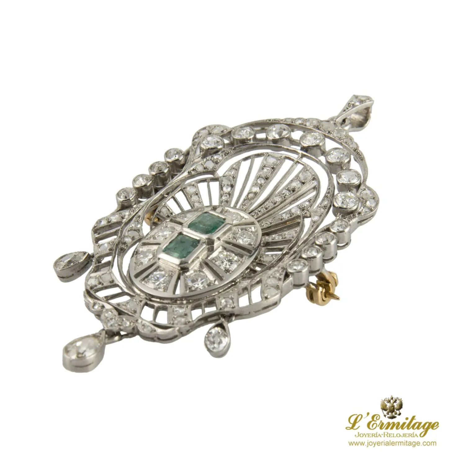 BROCHES / ALFILERES Broche-alfiler art deco oro blanco esmeraldas y diamantes