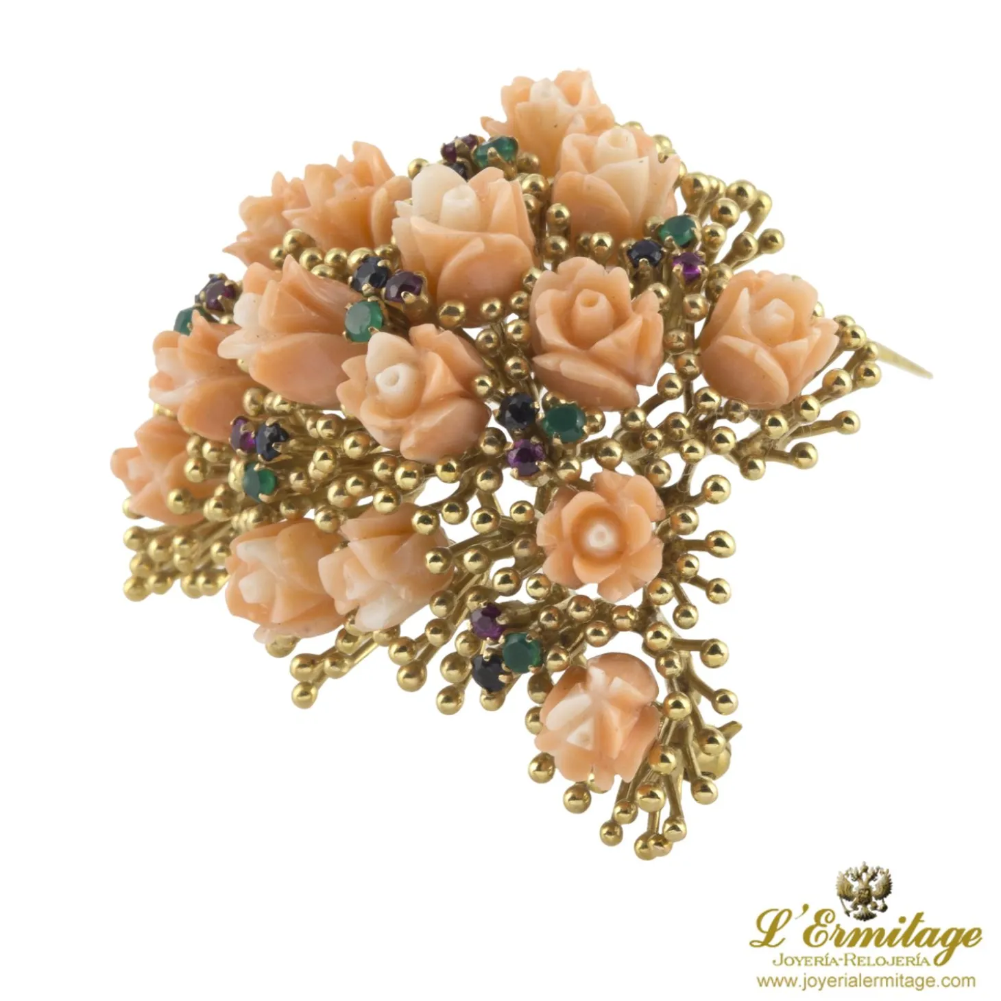 BROCHES / ALFILERES Broche-alfiler antiguo ramo de flores oro amarillo coral esmeraldas zafiros y rubíes