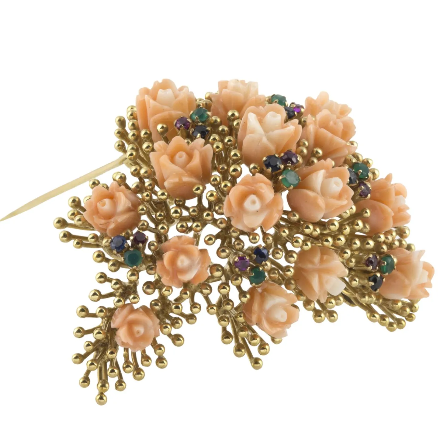 BROCHES / ALFILERES Broche-alfiler antiguo ramo de flores oro amarillo coral esmeraldas zafiros y rubíes