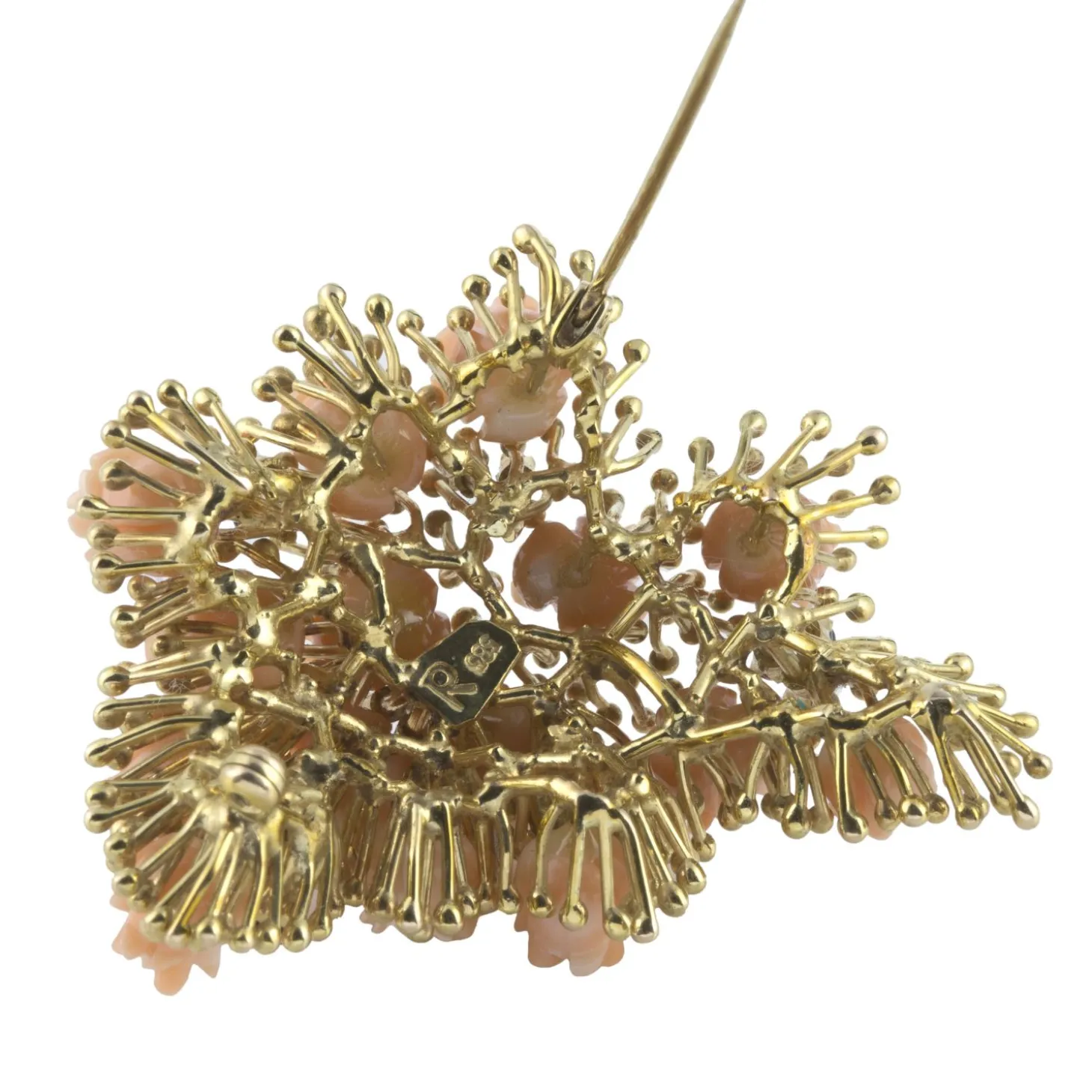 BROCHES / ALFILERES Broche-alfiler antiguo ramo de flores oro amarillo coral esmeraldas zafiros y rubíes