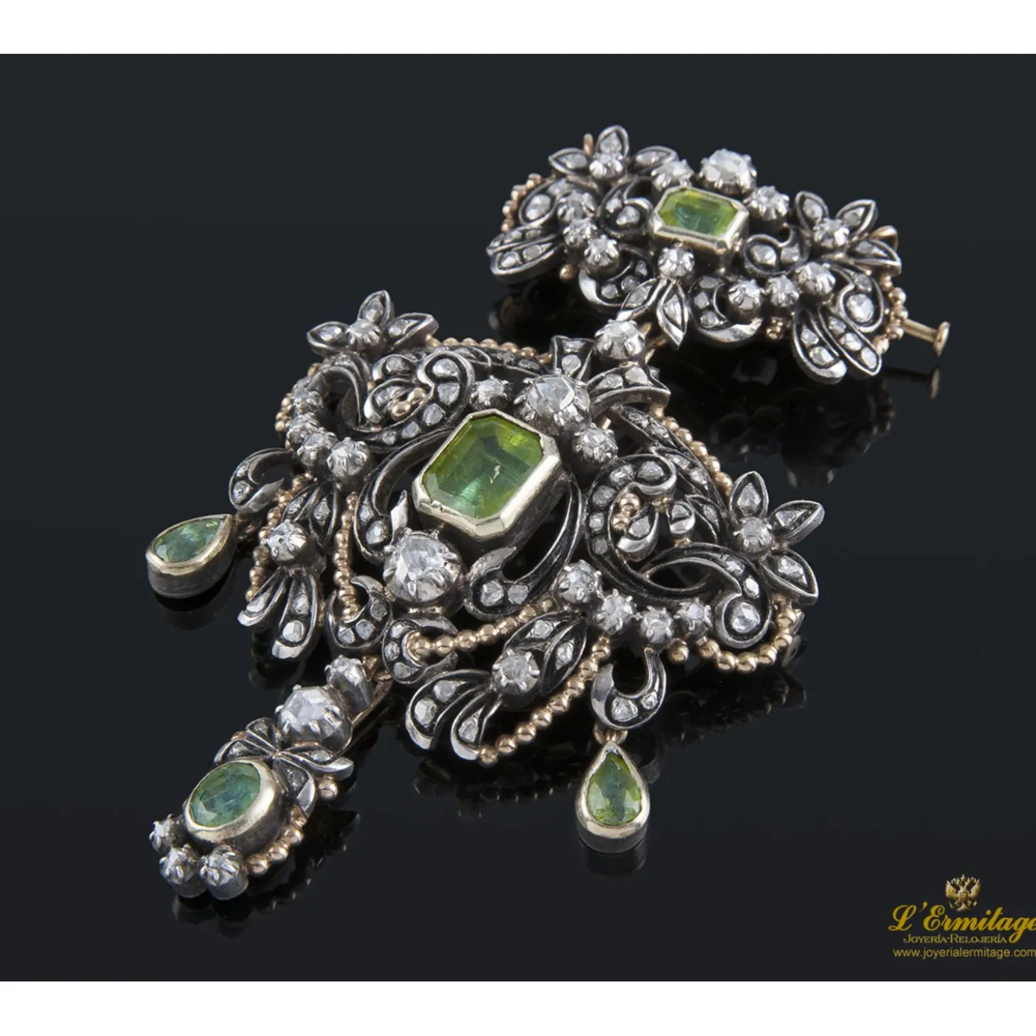 BROCHES / ALFILERES Broche-colgante antiguo oro amarillo plata esmeraldas y diamantes talla antigua