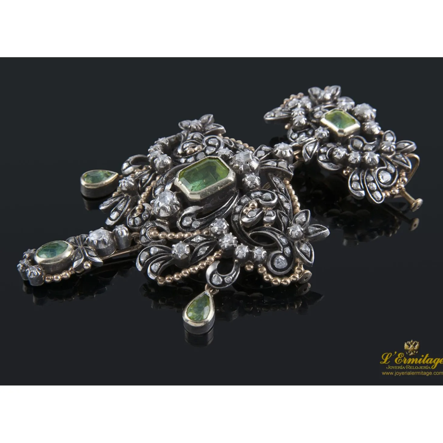 BROCHES / ALFILERES Broche-colgante antiguo oro amarillo plata esmeraldas y diamantes talla antigua