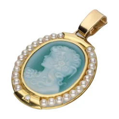 COLGANTES Colgante camafeo en oro amarillo con perlas y un brillante.