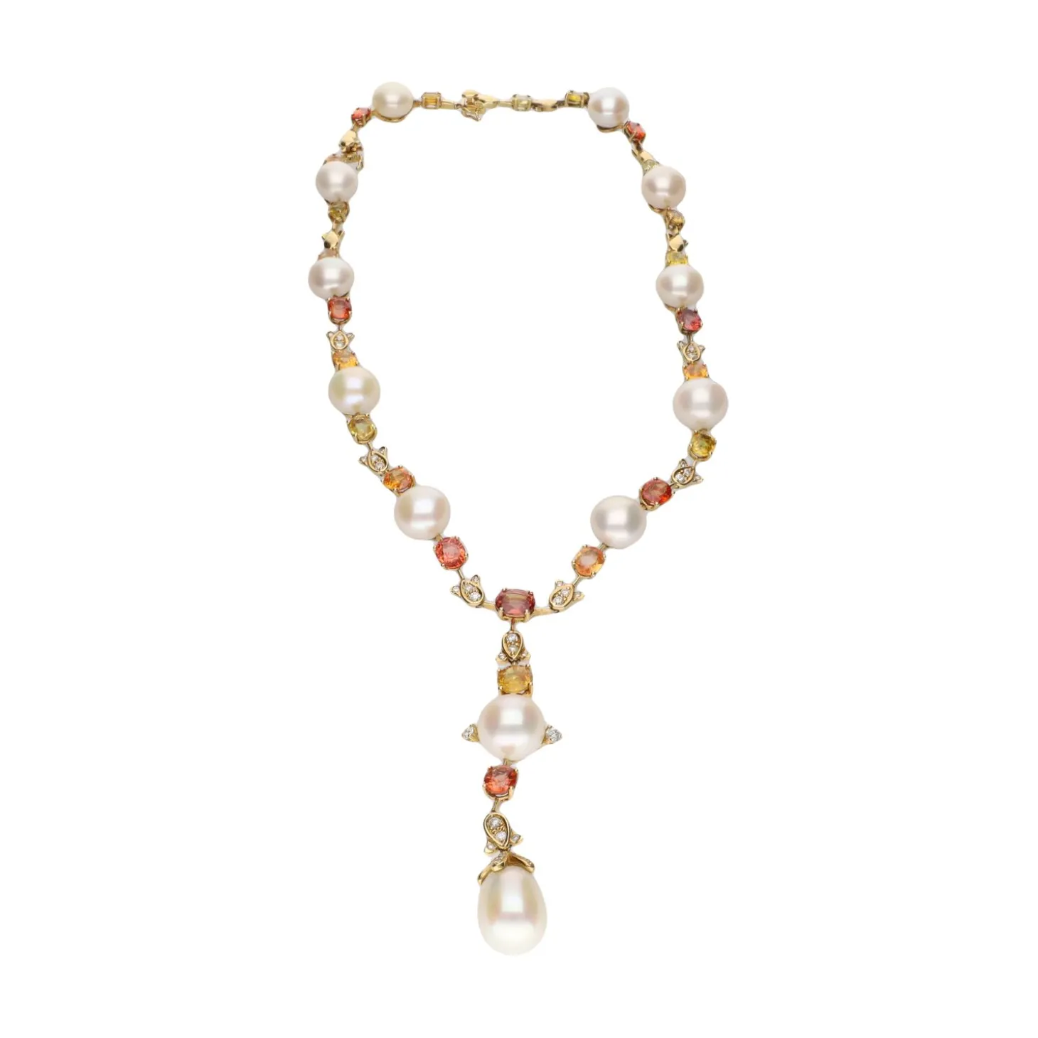 COLLARES Collar en oro amarillo con perlas, diamantes y piedras de color.