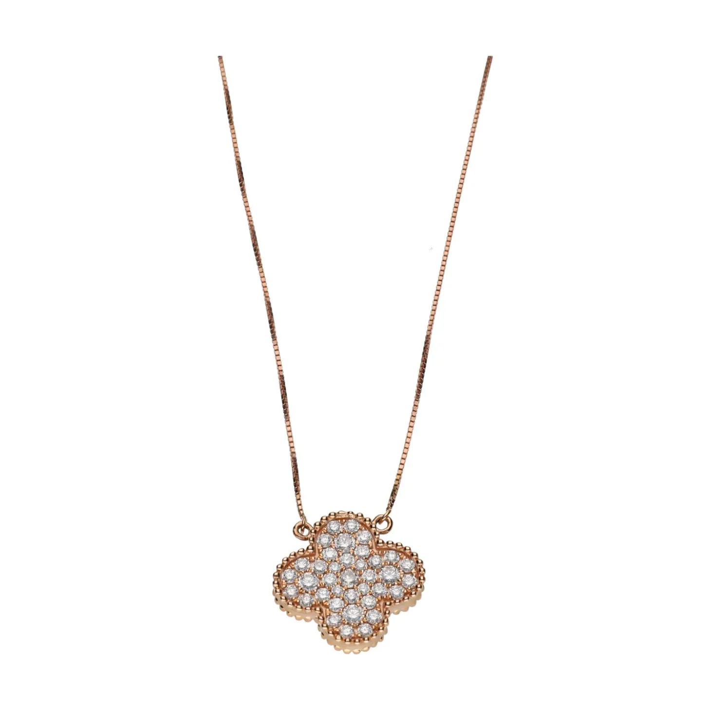 COLLARES Collar en oro rosa con colgante trébol cuatro hojas cuajado de brillantes.