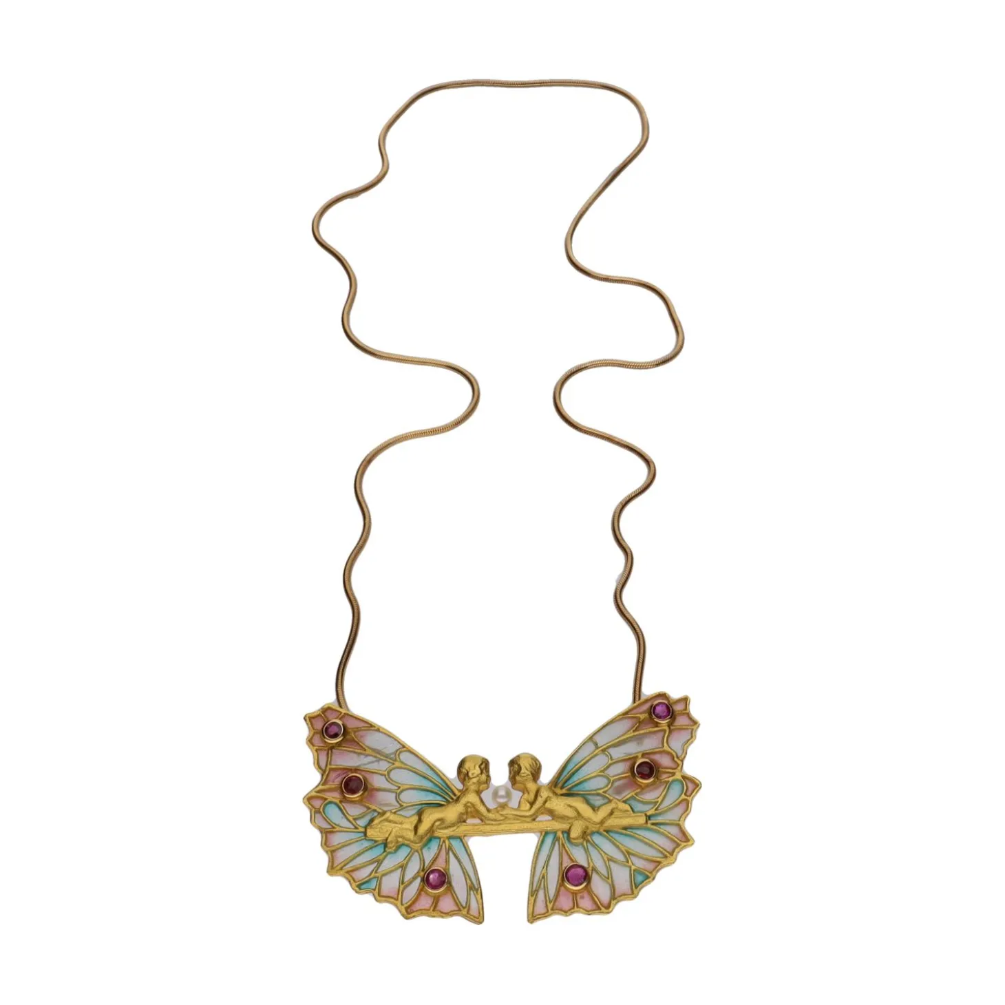 COLLARES Collar firmado por masriera en oro amarillo con perla y rubíes.