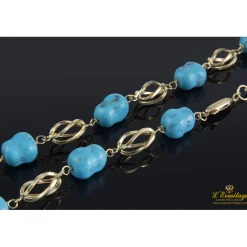 COLLARES Collar realizado en oro amarillo con eslabones en forma de jaula y presenta turquesas naturales.
