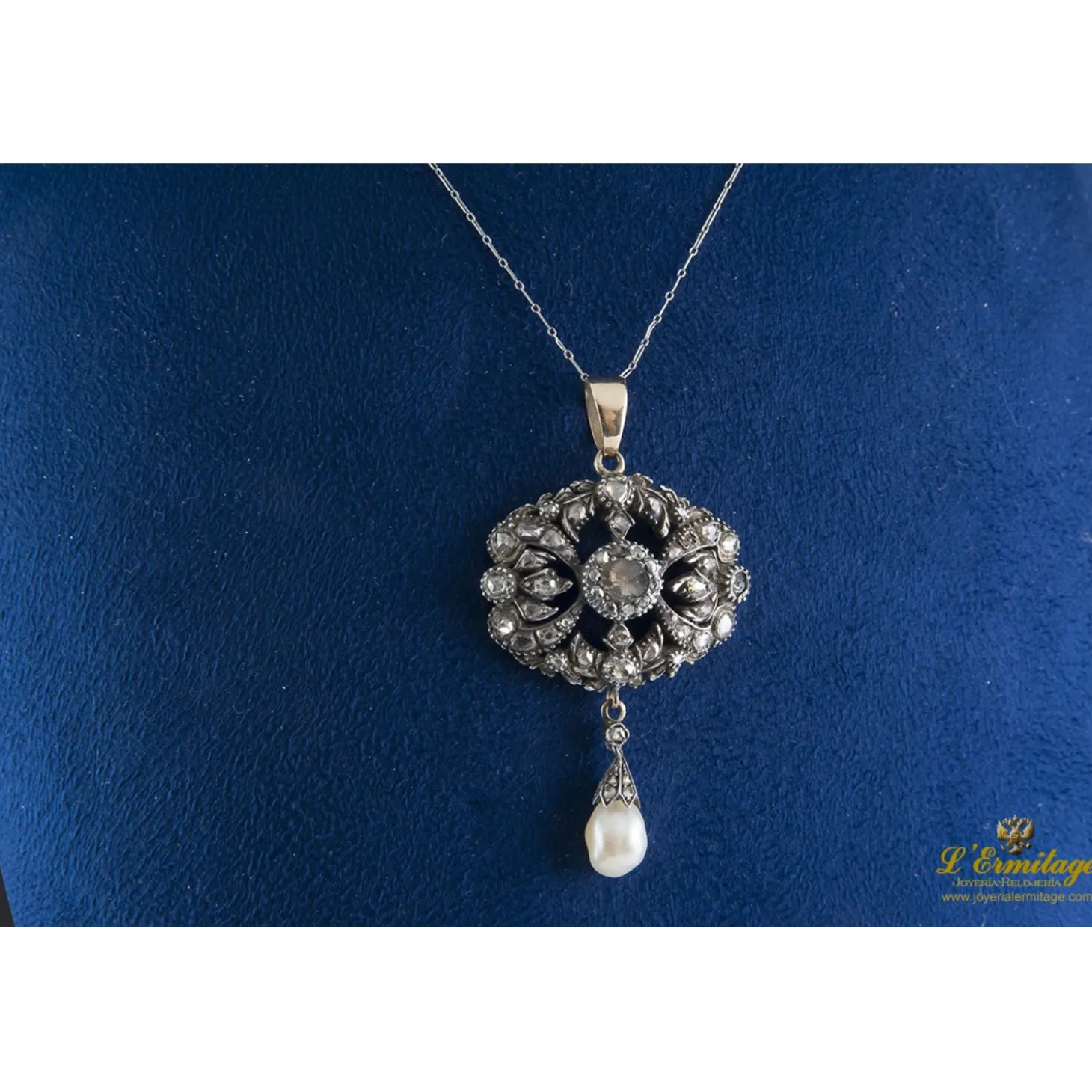 COLLARES Gargantilla antigua oro bajo perla y diamantes talla antigua