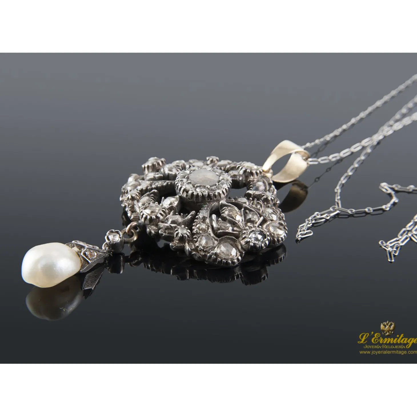 COLLARES Gargantilla antigua oro bajo perla y diamantes talla antigua