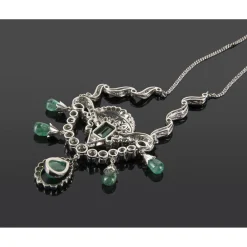 COLLARES Gargantilla antigua oro blanco esmeraldas cabuchón y diamantes talla antigua