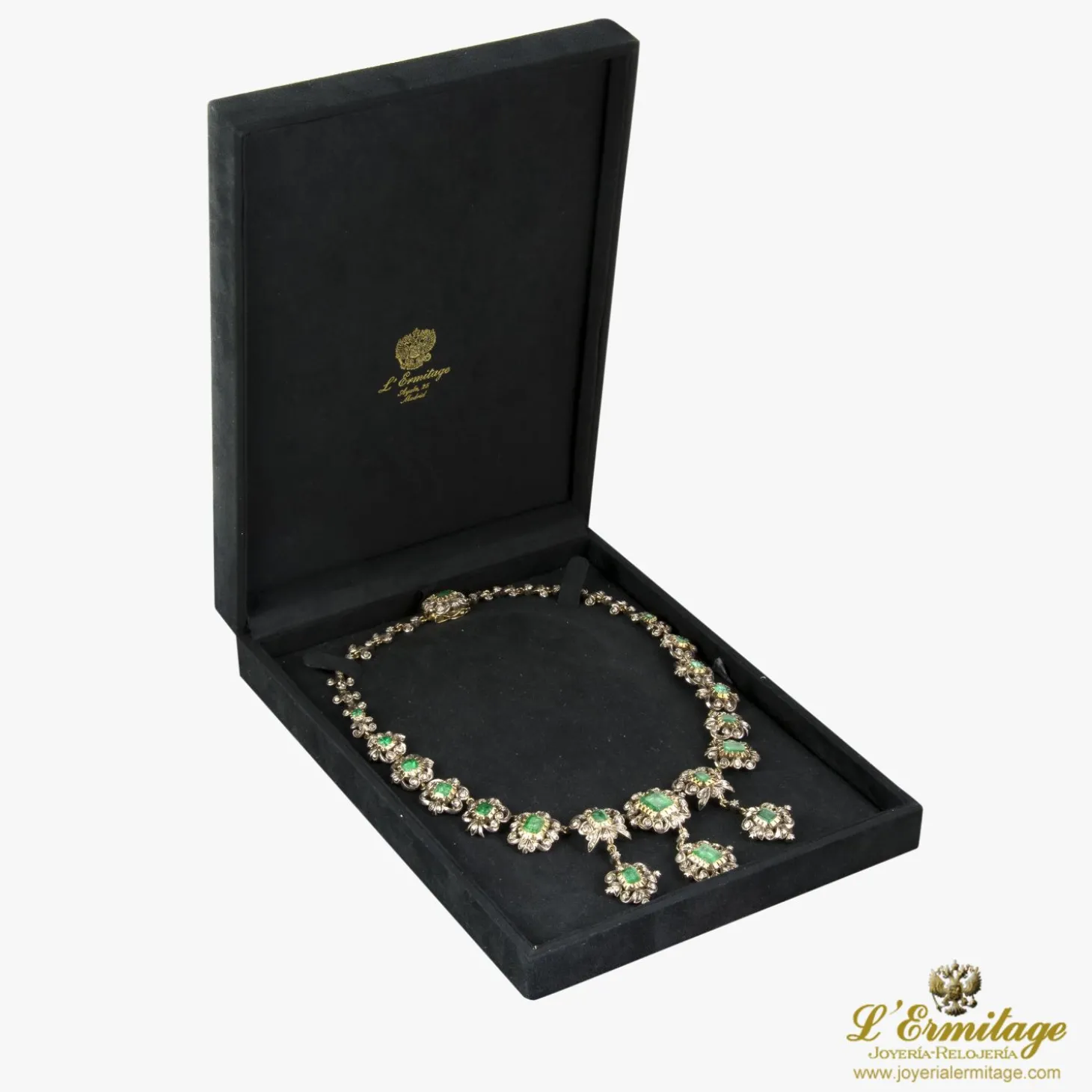 COLLARES Gargantilla antigua oro blanco esmeraldas y diamantes talla antigua