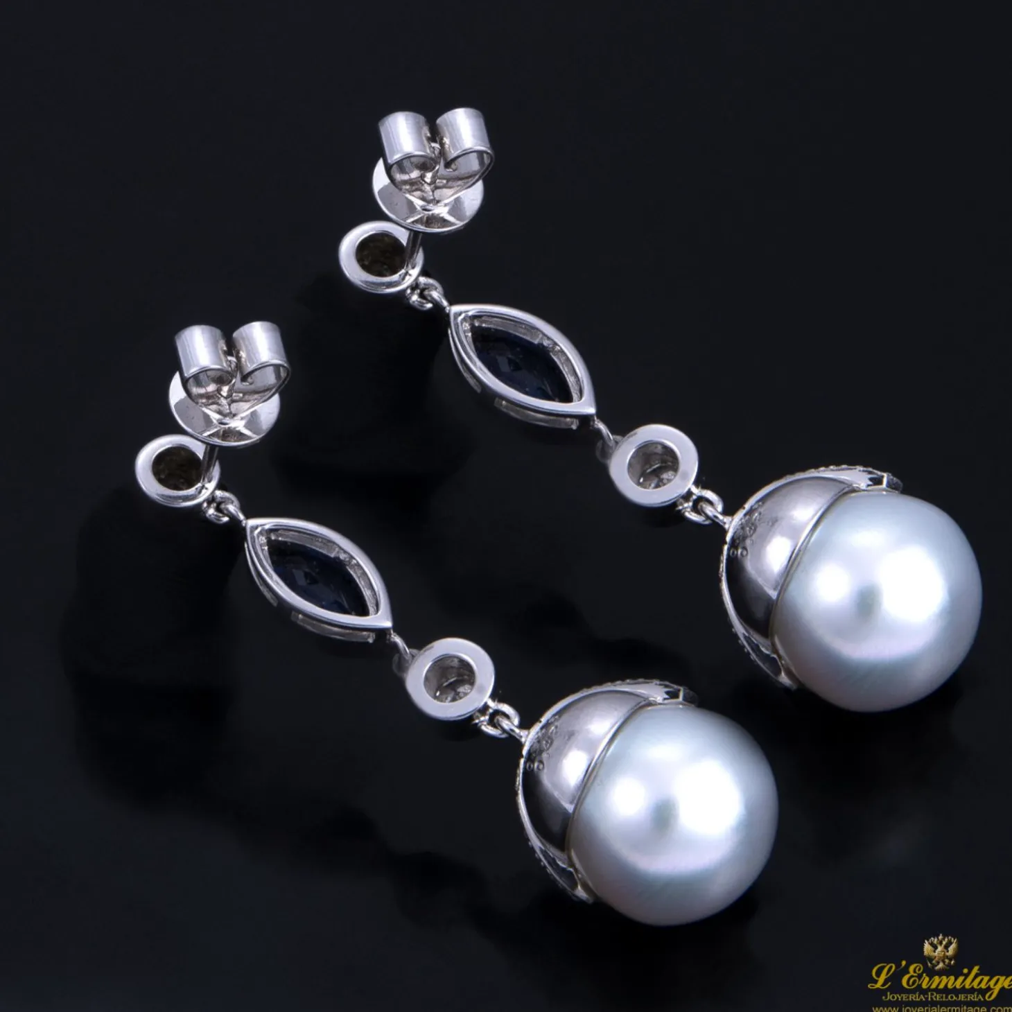 PENDIENTES Pendientes colgantes antiguos oro blanco perla australiana zafiro y diamantes
