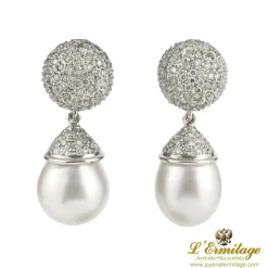 PENDIENTES Pendientes colgantes oro blanco perla australiana y cuajado de diamantes
