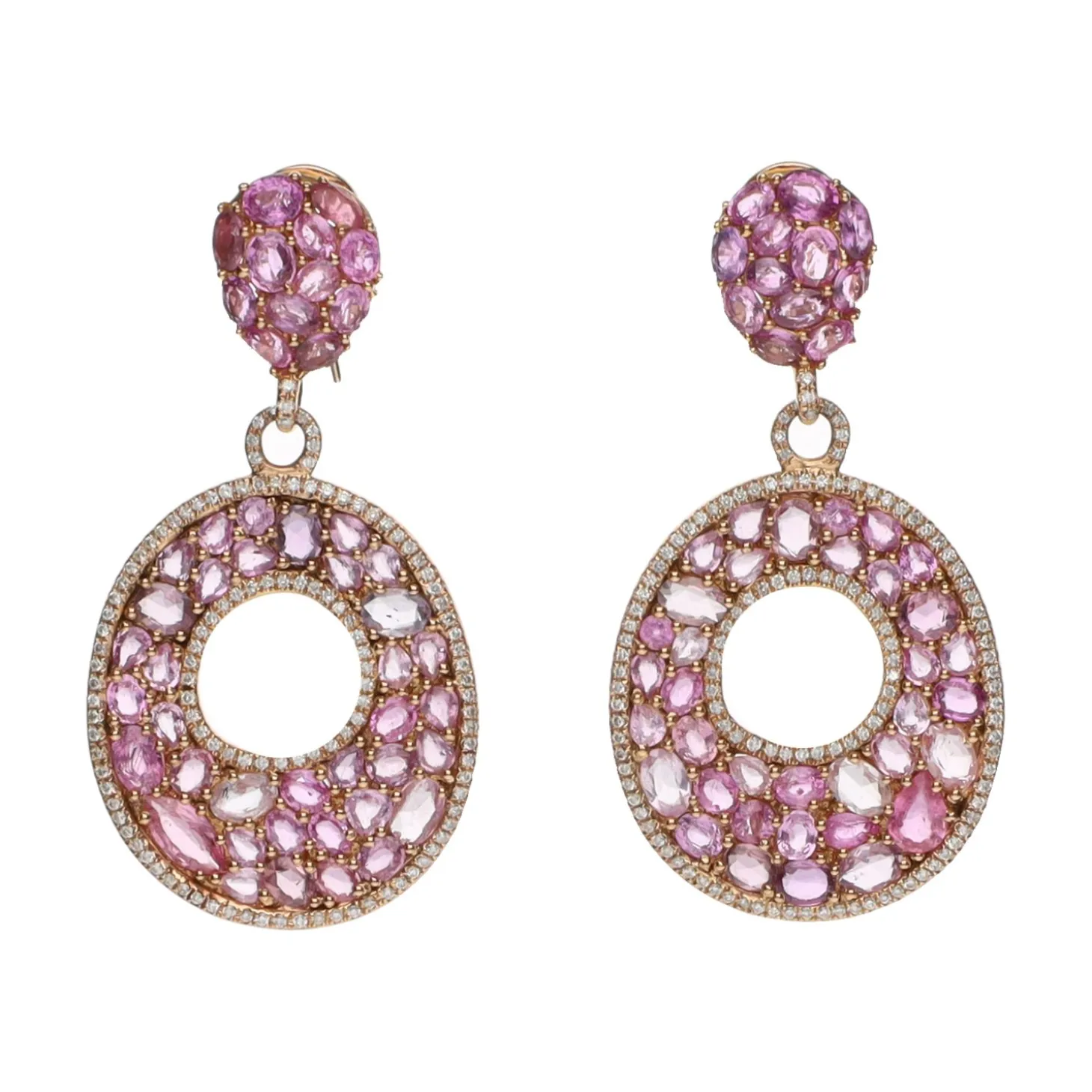 PENDIENTES Pendientes en oro amarillo con piedras rosas y brillantes. Cierre omega.