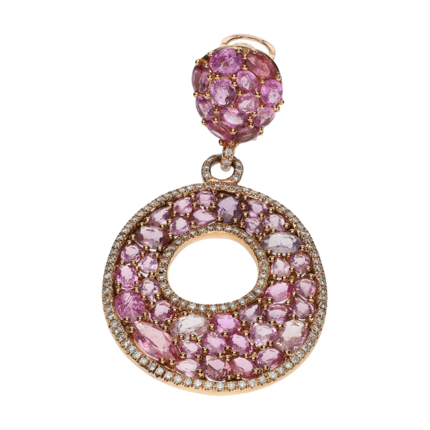 PENDIENTES Pendientes en oro amarillo con piedras rosas y brillantes. Cierre omega.