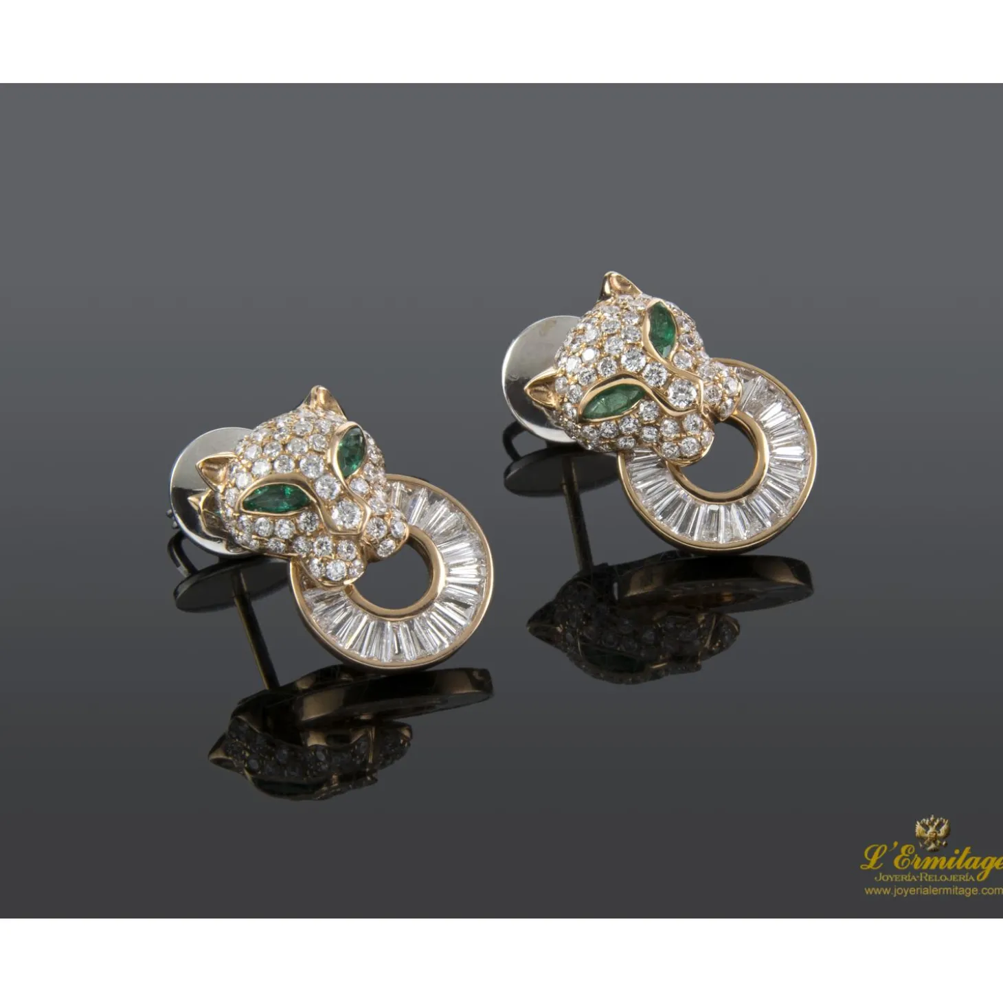 PENDIENTES Pendientes panteras oro amarillo diamantes y esmeraldas