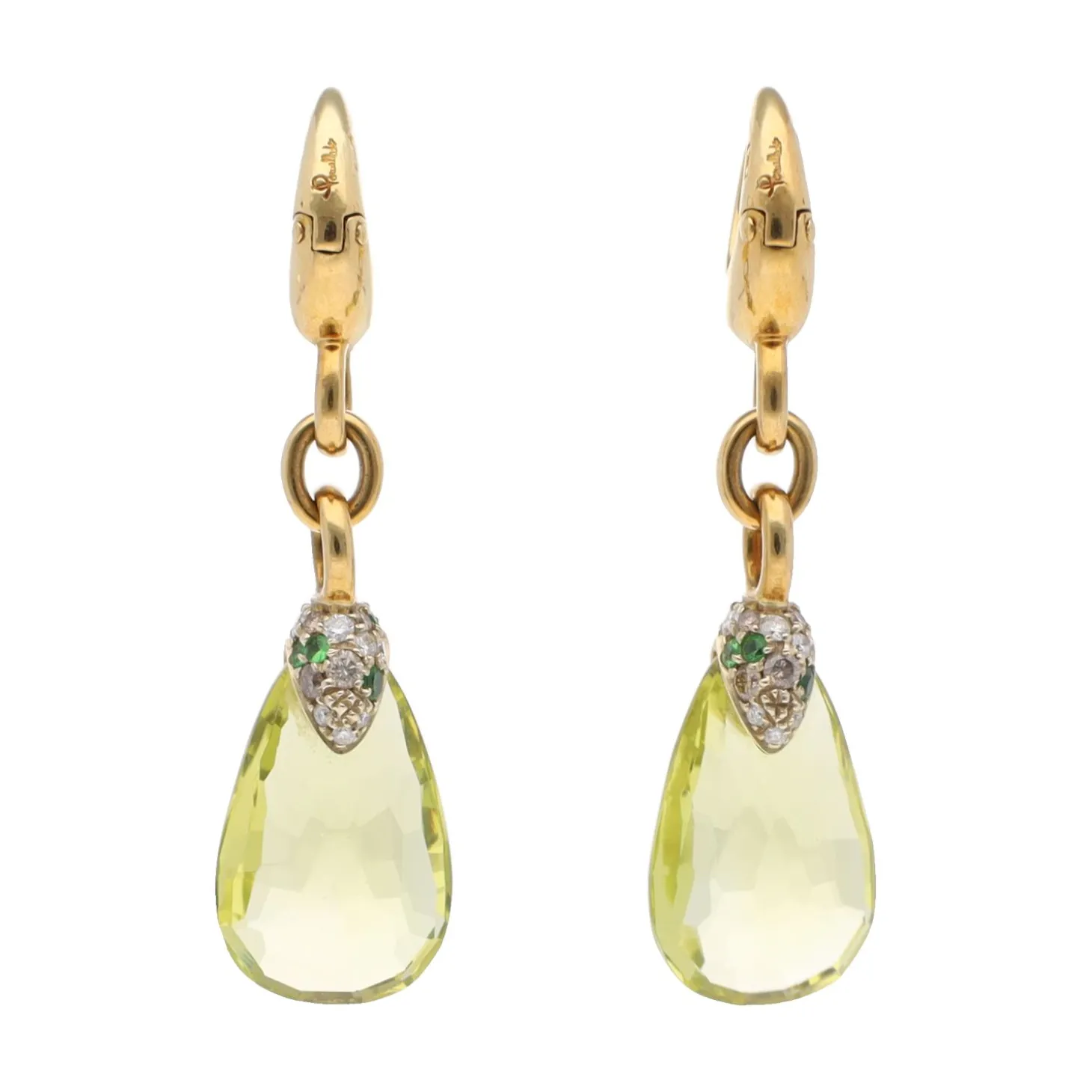 PENDIENTES Pendientes pomellato en oro amarillo con citrino, esmerladas y brillantes.
