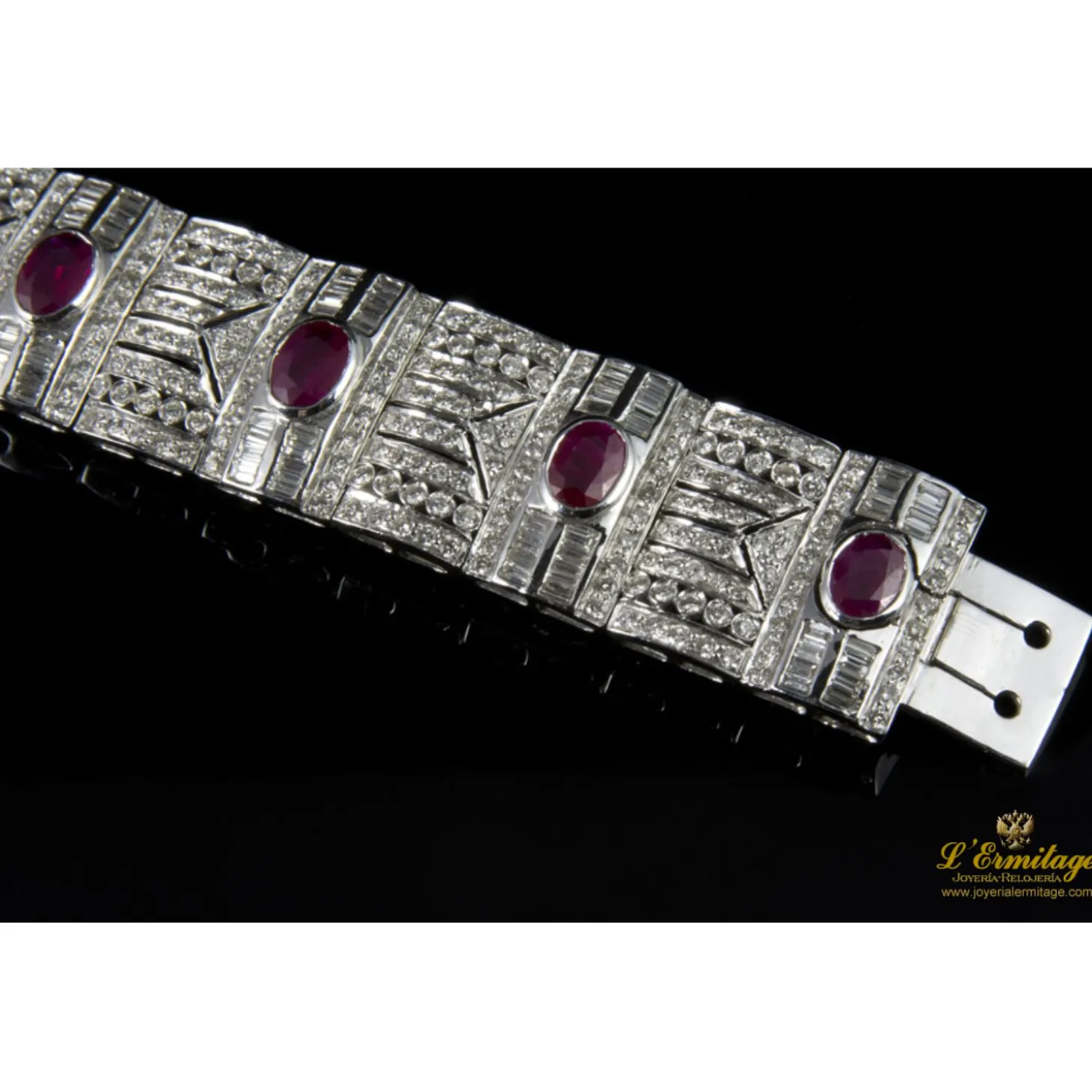 PULSERAS Pulsera ancha oro blanco diamantes y rubíes