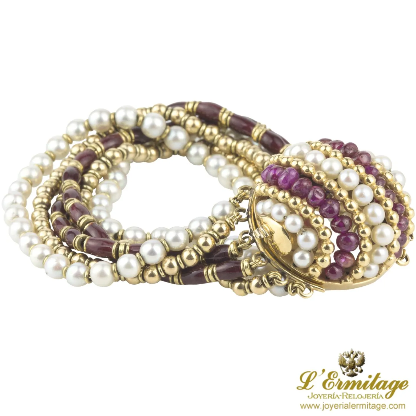 PULSERAS Pulsera antigua oro amarillo perlas rubíes y esmalte