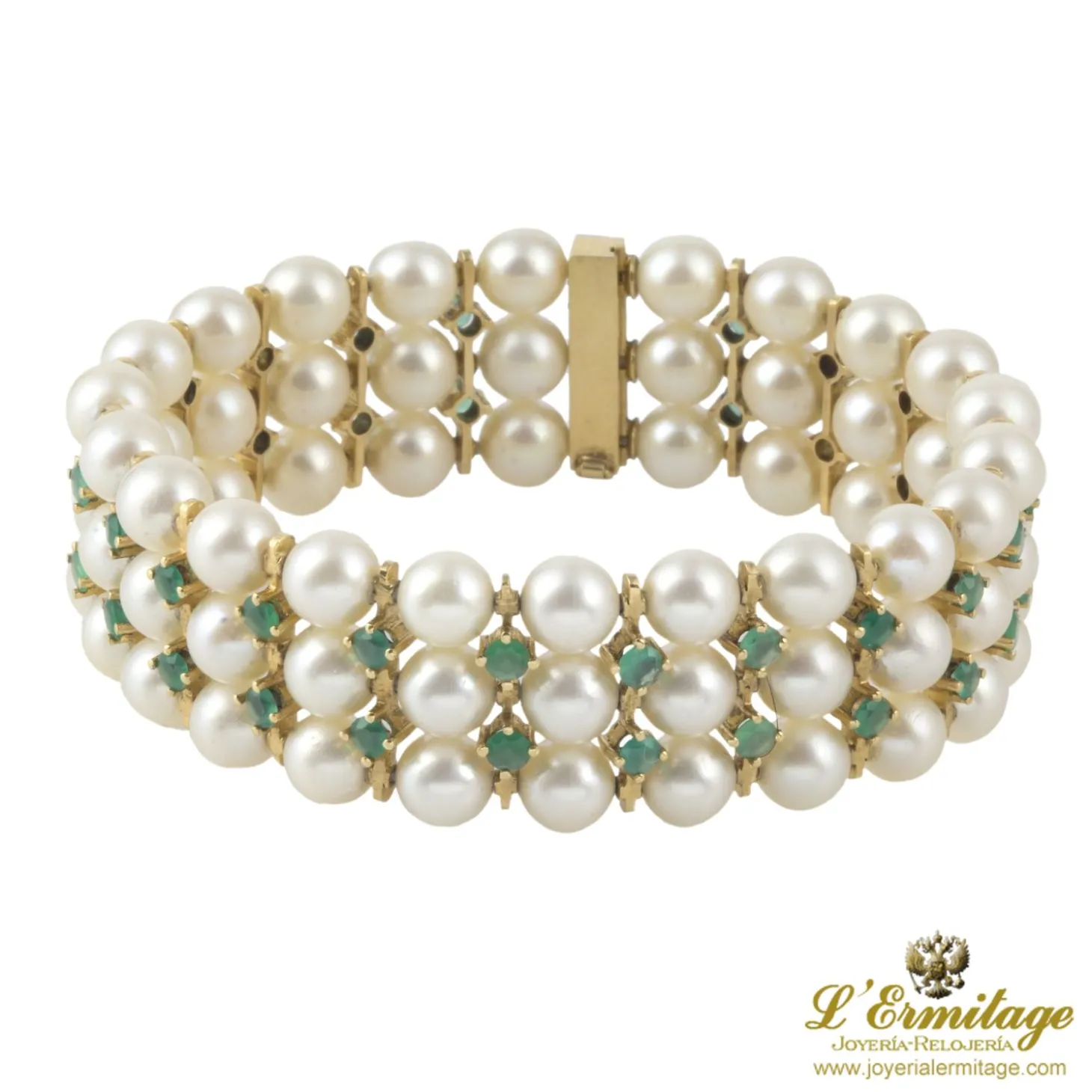 PULSERAS Pulsera antigua semirrígida oro amarillo perlas y esmeraldas