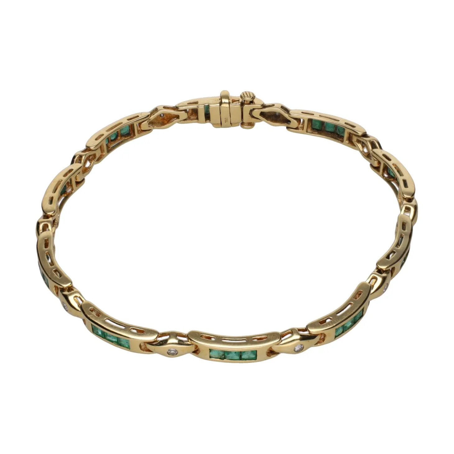 PULSERAS Pulsera en oro amarillo con esmeraldas y brillantes.